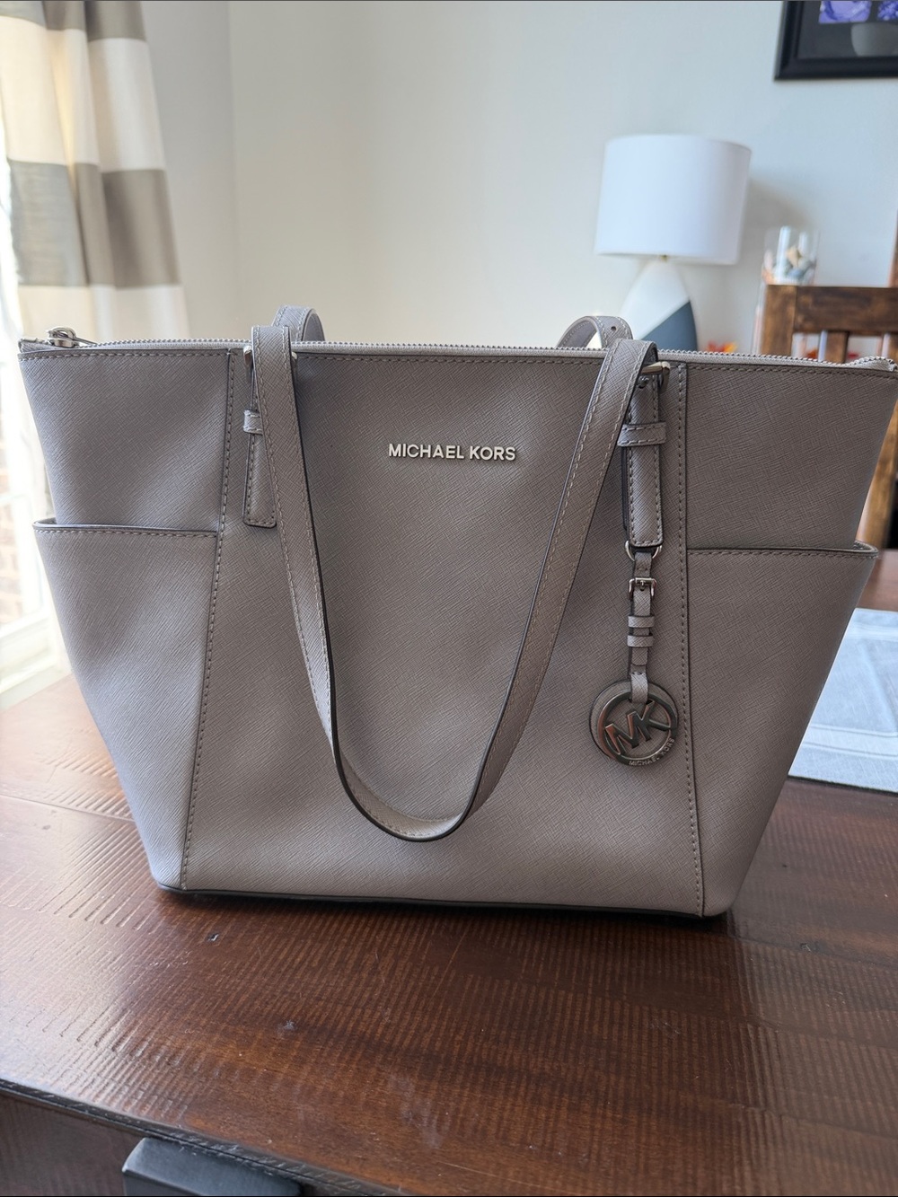 Michael Kors Gray Taupe Tote with MK Charm
